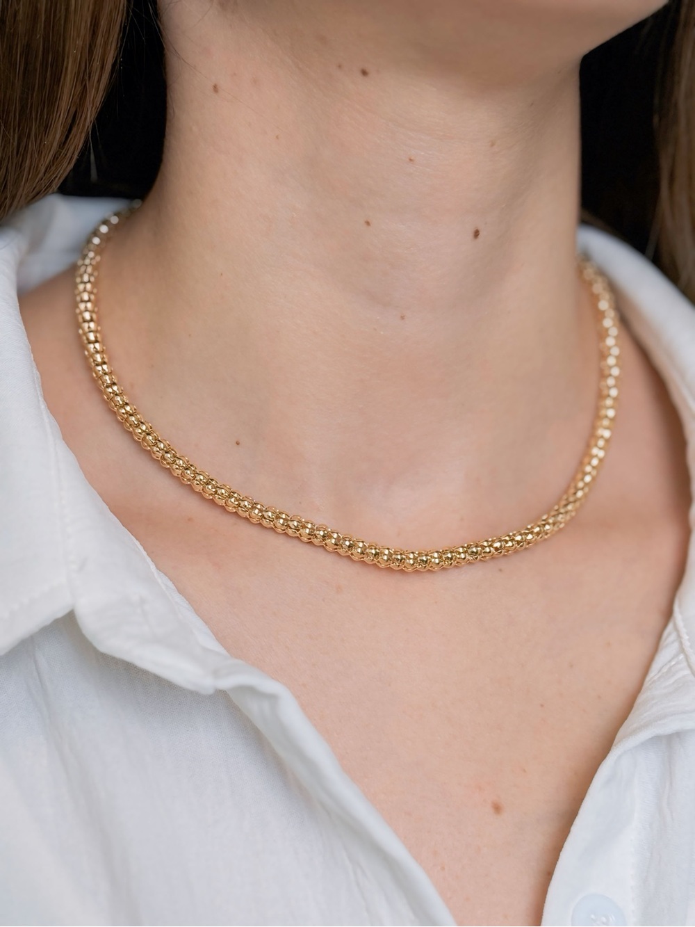 Classic Gold Popcorn Choker Necklace, Adjustable 16”, Hypoallergenic